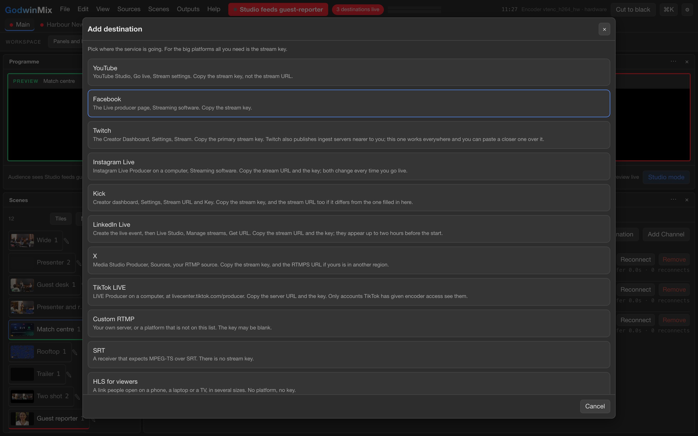 The Add destination list showing YouTube, Facebook, Twitch, Instagram Live and Kick