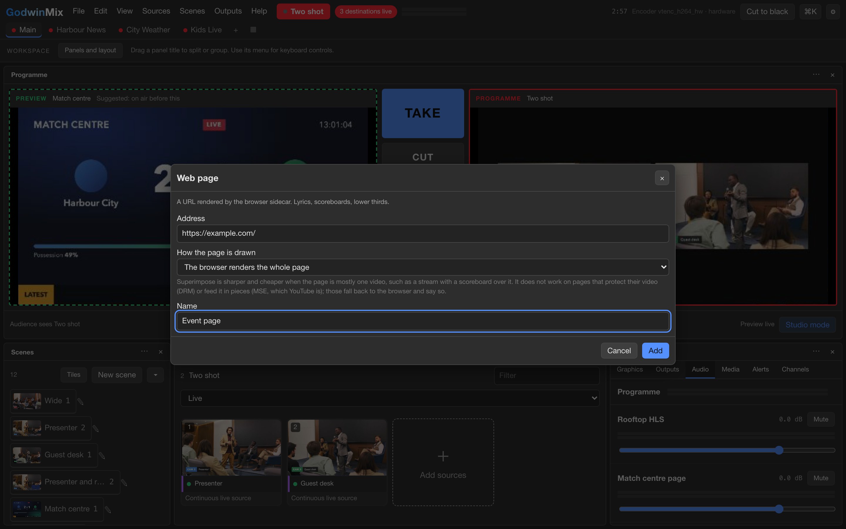 The Web page dialog, with an address box and a name box