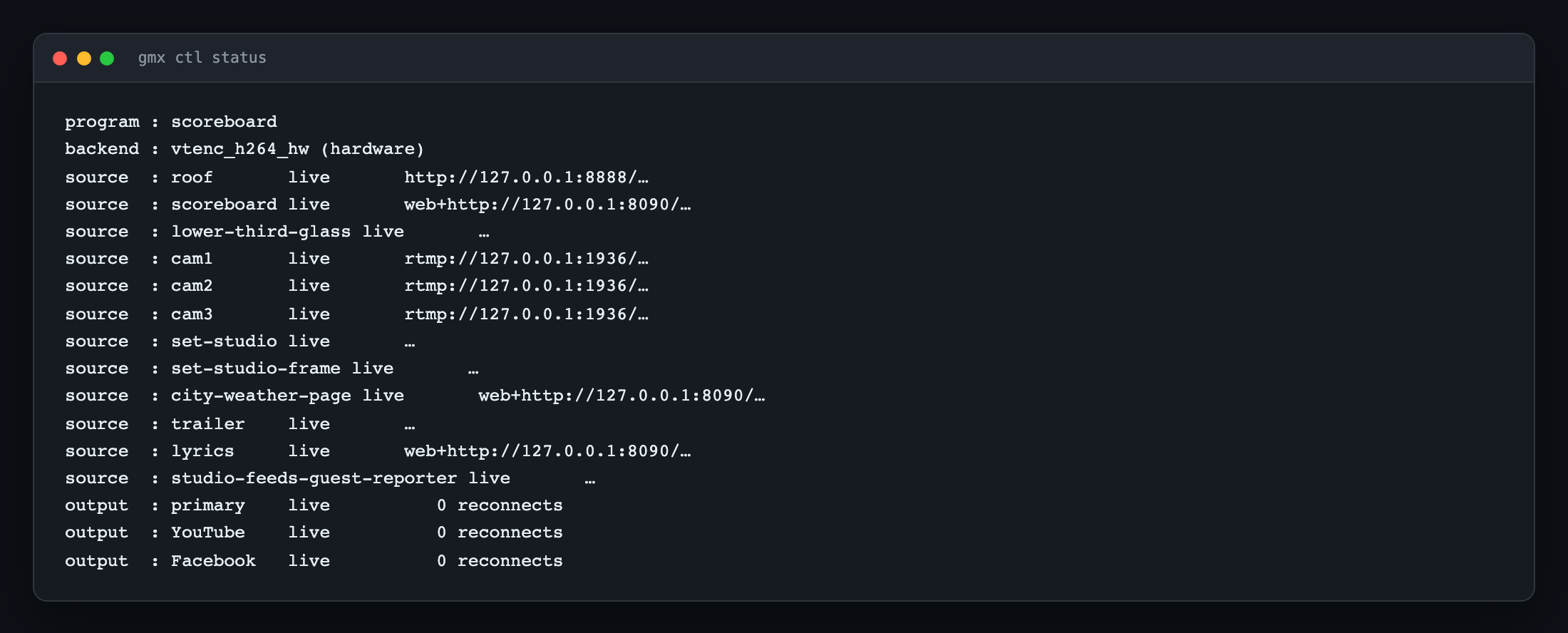 A terminal window listing what is on air, every source as live, and two outputs with no reconnects
