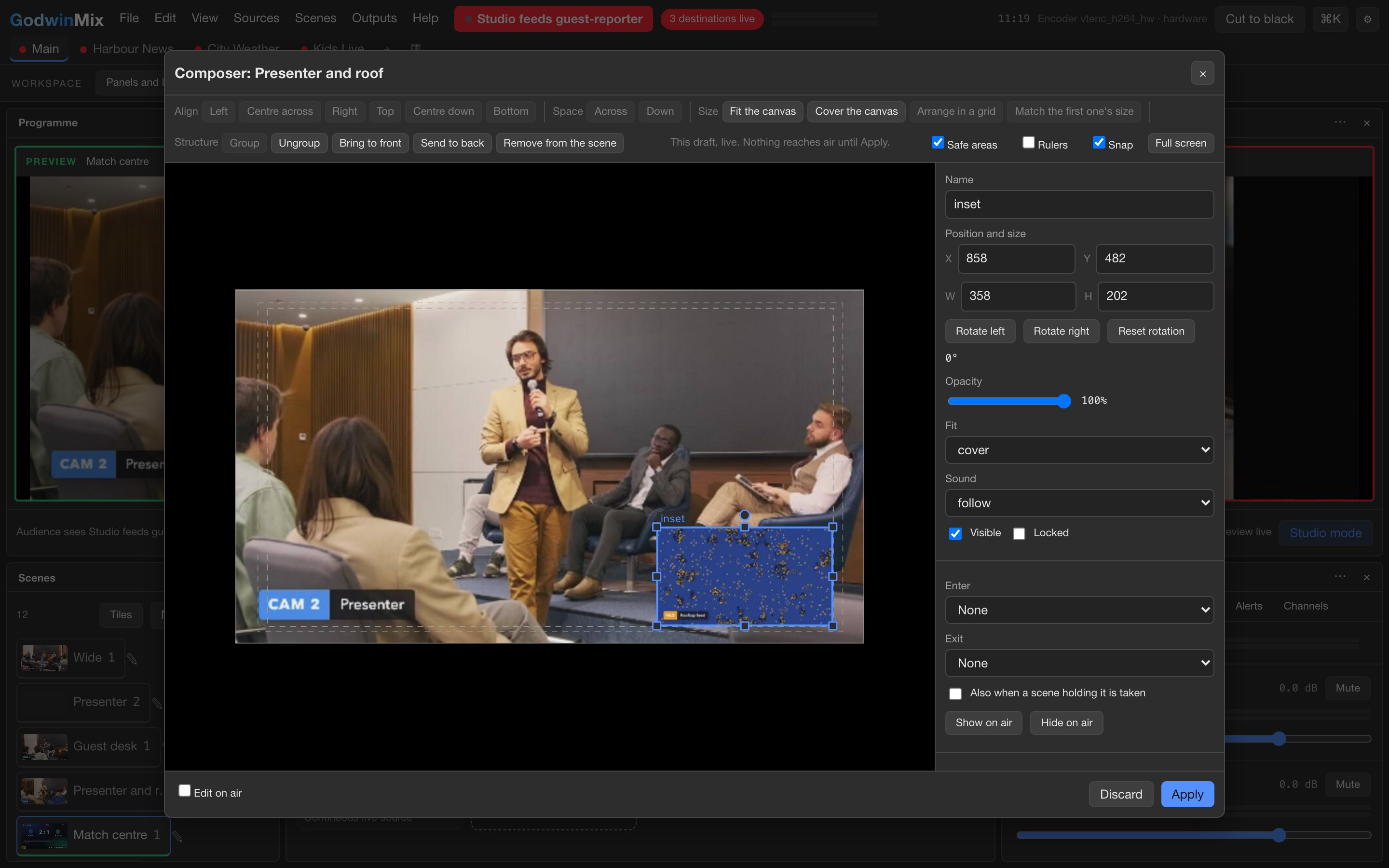 The scene composer with a small picture selected in the corner, handles to resize it, and position, size and opacity settings beside it