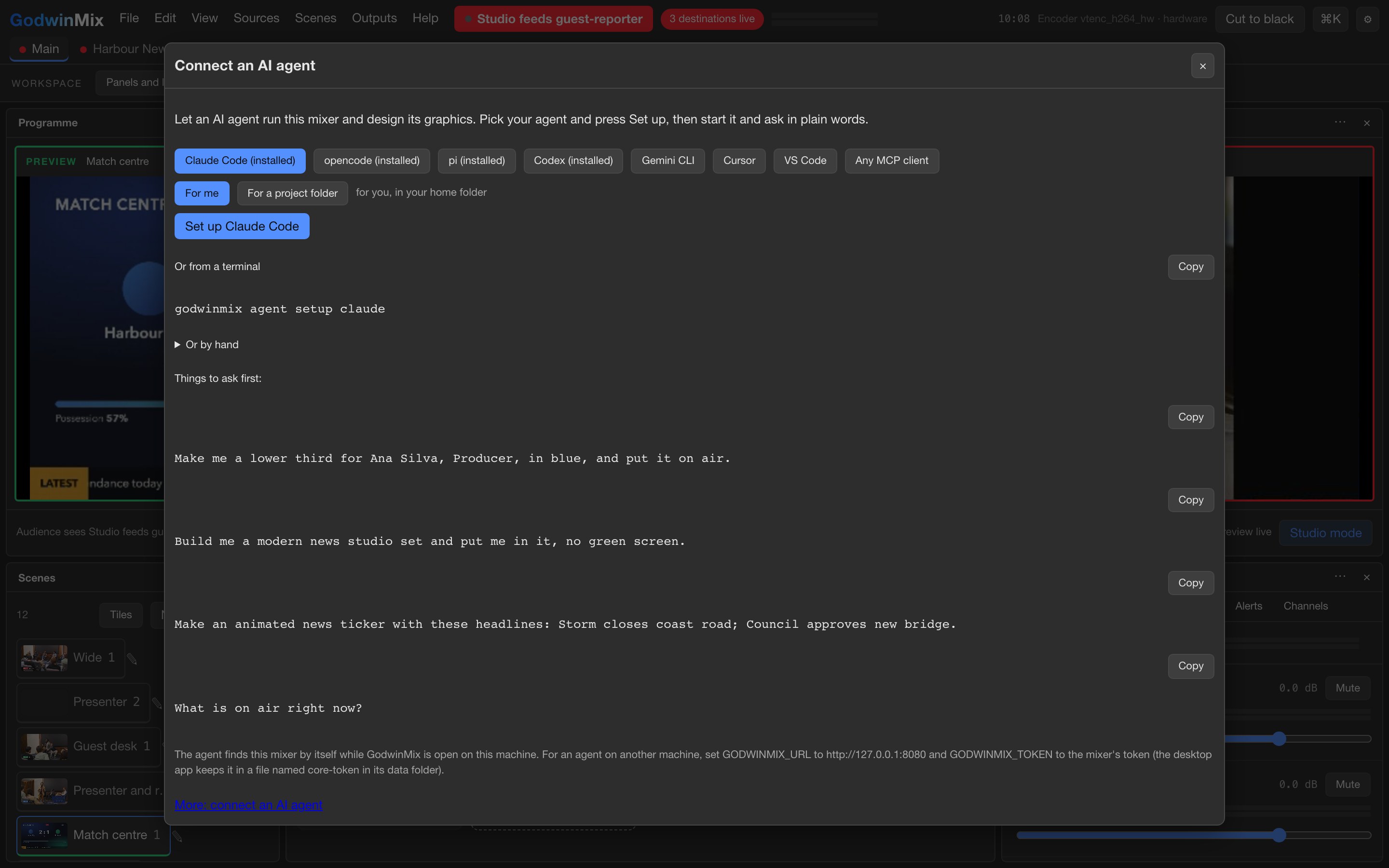 The Connect an AI agent window with buttons for Claude Code, opencode, pi, Codex, Gemini CLI, Cursor and VS Code
