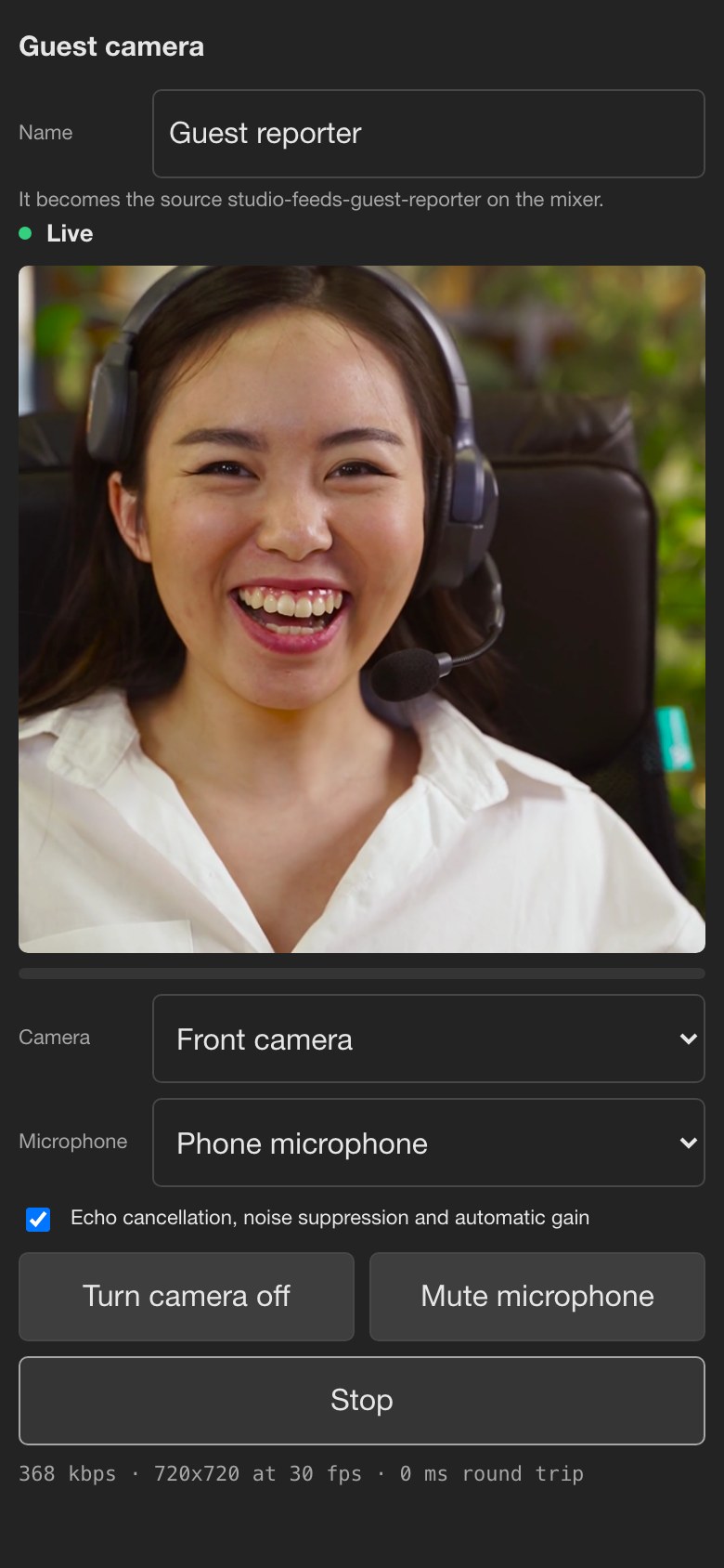 The guest page on a phone, showing Live, the camera picture and a Stop button