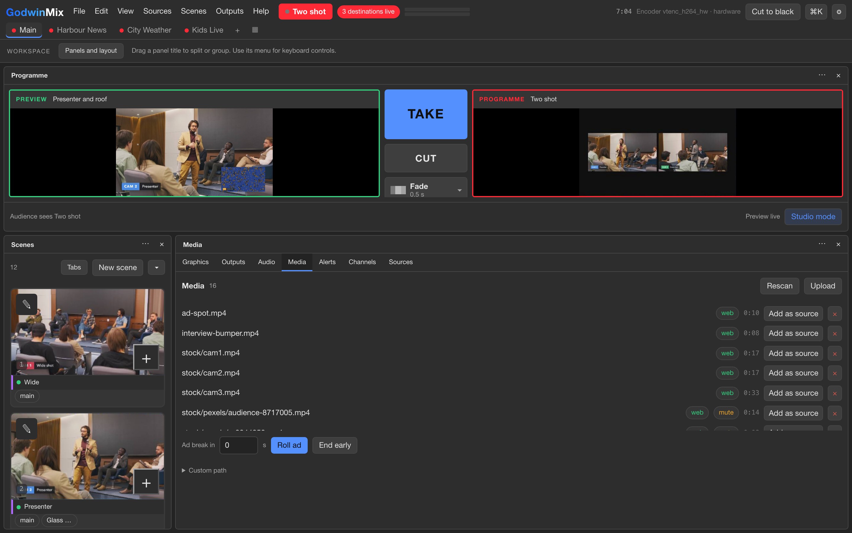 The media panel listing an advert clip, a bumper clip and a title card, with Roll ad and End early buttons