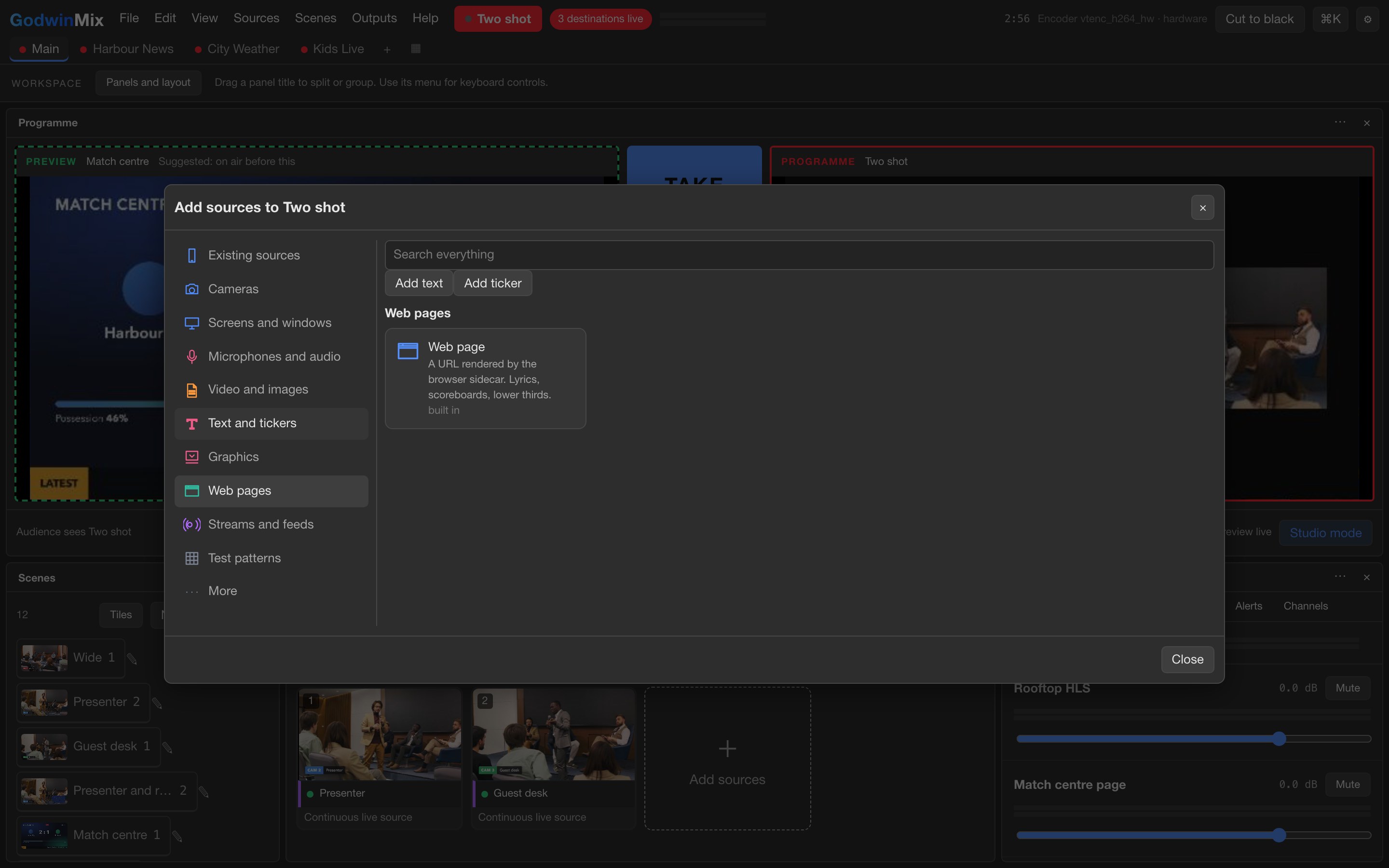 The Add sources window with categories for cameras, screens, microphones, video and images, text, graphics, web pages, streams and test patterns