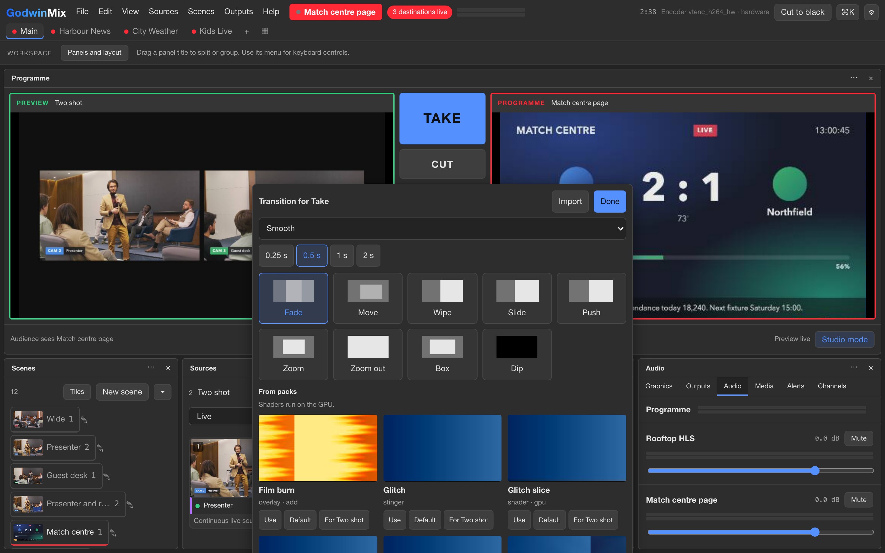 The transition list: fade, move, wipe, slide, push, zoom, zoom out, box and dip, a choice of lengths, and film burn and glitch transitions from packs
