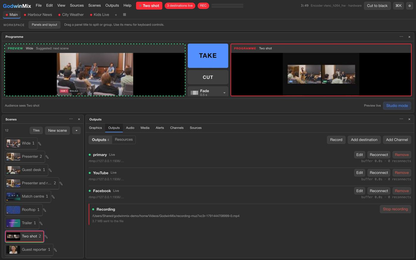 YouTube and Facebook both live, with a recording running